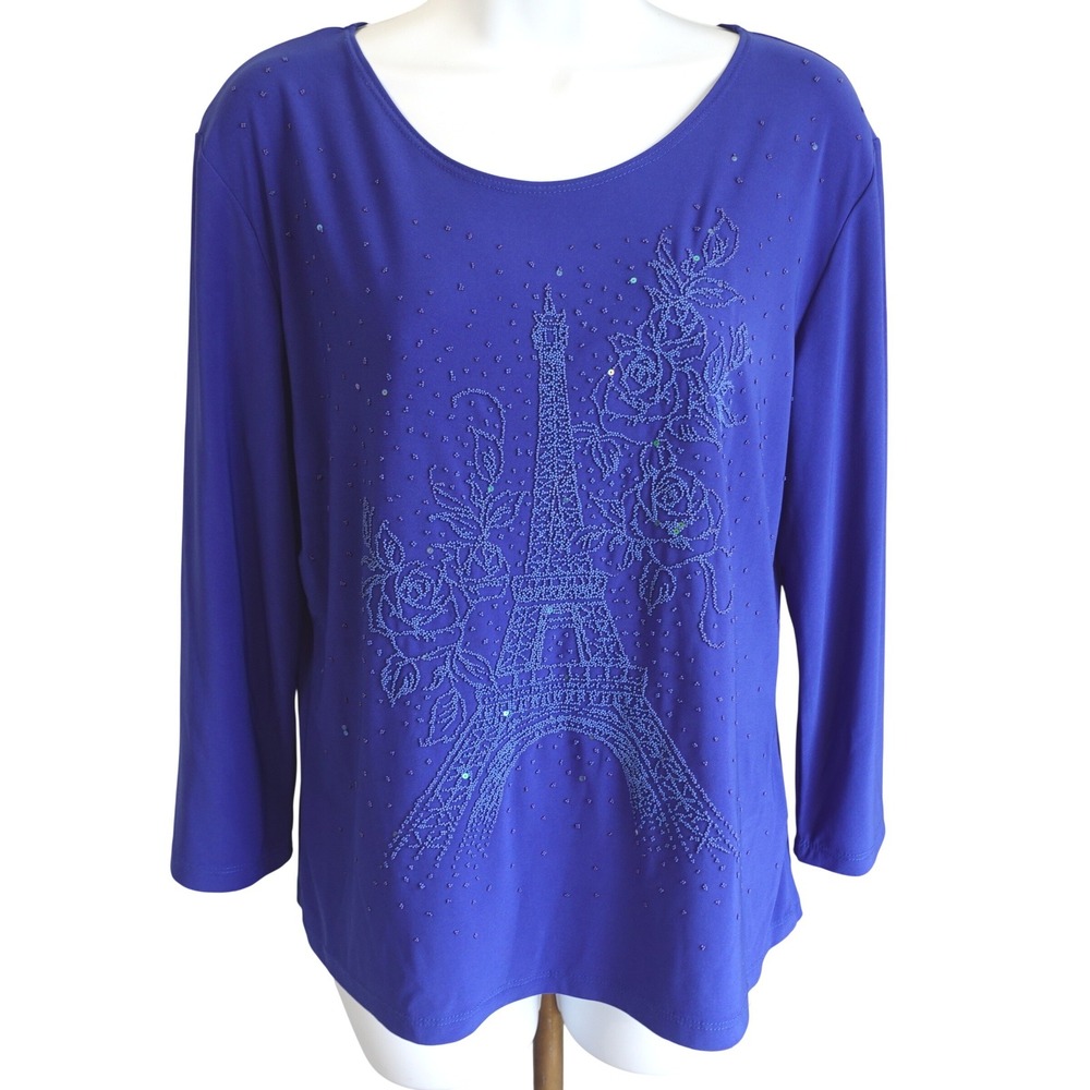 Womens Eiffel Tower Shirt Royal Blue Beaded Sparkle Embellished Stretchy Top PXL